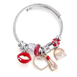 Crystal Bead Women's Bracelet Red Lips Heart Charm Silver Chain Female Jewelry