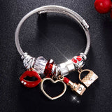Crystal Bead Women's Bracelet Red Lips Heart Charm Silver Chain Female Jewelry
