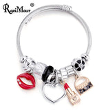 Crystal Bead Women's Bracelet Red Lips Heart Charm Silver Chain Female Jewelry