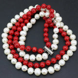 2-Row Necklace Natural Pearl/Red Coral Beads Women's Chain Jewelry