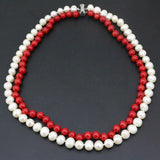 2-Row Necklace Natural Pearl/Red Coral Beads Women's Chain Jewelry
