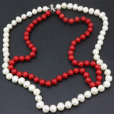 2-Row Necklace Natural Pearl/Red Coral Beads Women's Chain Jewelry