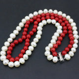 2-Row Necklace Natural Pearl/Red Coral Beads Women's Chain Jewelry