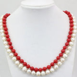 2-Row Necklace Natural Pearl/Red Coral Beads Women's Chain Jewelry