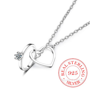 925 Silver Double Circle Heart Zircon Necklace Pendant For Women Girl