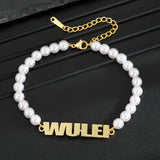 Pearl Letter Name Bracelet Stainless Steel Chain for Women