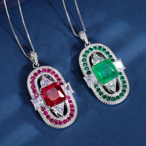 Charming Emerald Purple Red Corundum Geometric Square Round Pendant Necklace