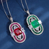 Charming Emerald Purple Red Corundum Geometric Square Round Pendant Necklace