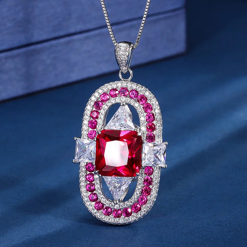 Charming Emerald Purple Red Corundum Geometric Square Round Pendant Necklace