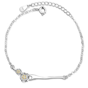 925 Sterling Silver Flower Art Bracelet Stackable Peach Cherry Blossom Branch