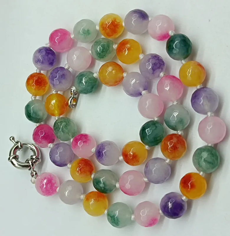 Charming Multicolor 10mm Faceted Jade Round Bead Necklace 18 Inch