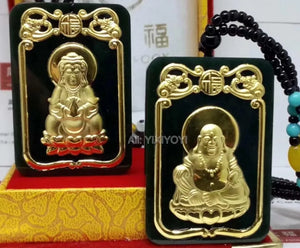 Green Hetian Jade + 18K Inlaid GuanYin Buddha Pendant