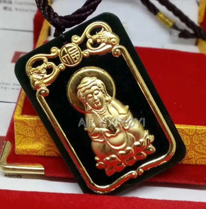 Green Hetian Jade + 18K Inlaid GuanYin Buddha Pendant