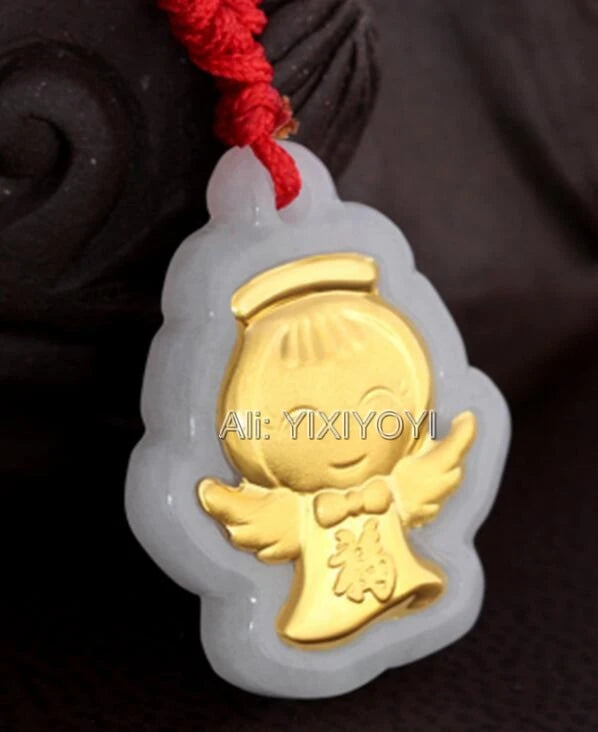 Natural A Jadeite Jade + 18K Solid Angel Blessing Amulet Pendant + Necklace