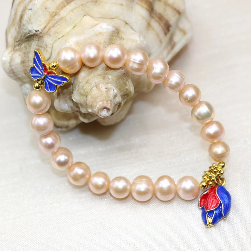 Orange Natural Pearl Beads 9-10mm Bracelet Women Party DIY Jewelry