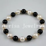 Charming Pearl Agate Bracelet 7.5'' Freshwater Pearl Black Agate Elastic A28