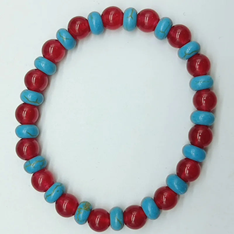Red Ruby & Turquoise Abacus Bead Elastic Bracelet 7.5 Inches