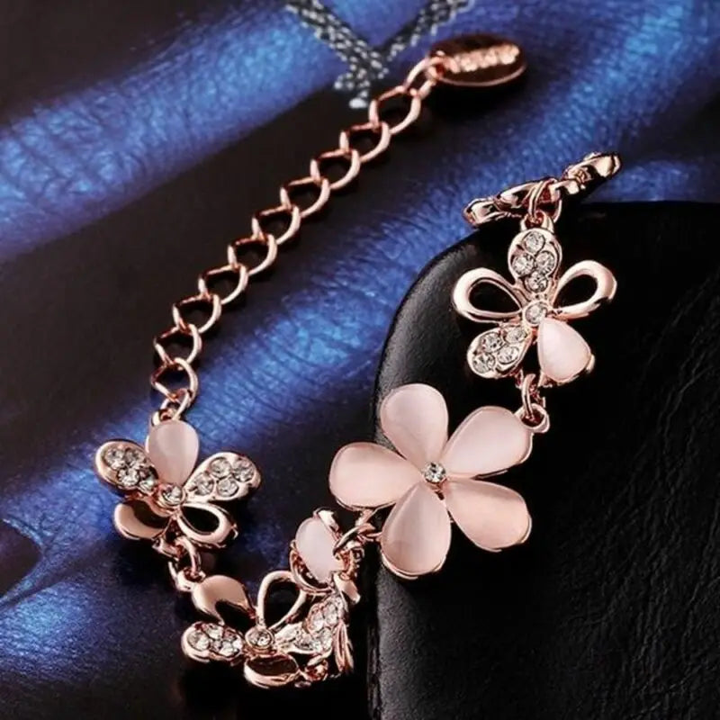 Pink Cat's Eye Opal Flower Chain Bracelet