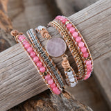Rose Quartz Leather Wrap Bracelet w/ Mix Stone Druzy Multilayers Boho Jewelry