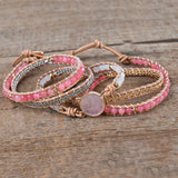 Rose Quartz Leather Wrap Bracelet w/ Mix Stone Druzy Multilayers Boho Jewelry