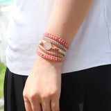 Rose Quartz Leather Wrap Bracelet w/ Mix Stone Druzy Multilayers Boho Jewelry