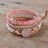 Rose Quartz Leather Wrap Bracelet w/ Mix Stone Druzy Multilayers Boho Jewelry