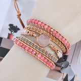 Rose Quartz Leather Wrap Bracelet w/ Mix Stone Druzy Multilayers Boho Jewelry