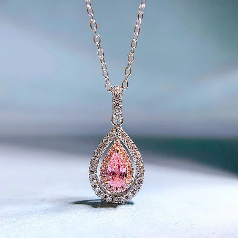 925 Silver Pink Quartz Pendant Necklace Lab Diamond Wedding Jewelry
