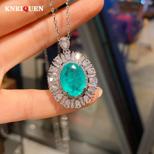 Paraiba Tourmaline Emerald Diamond Pendant Necklace for Women