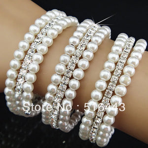 3-Row Clear Czech Rhinestone Pearl Bracelets Set