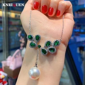 Big Pearl Emerald Ruby Pendant Necklace for Women Lab Gemstone Anniversary Gift
