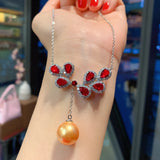 Big Pearl Emerald Ruby Pendant Necklace for Women Lab Gemstone Anniversary Gift