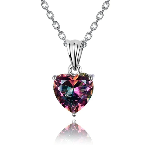 925 Silver Heart Pendant Necklace Multicolor Charm 16x8MM Women's Jewelry