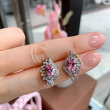 Ruby Gemstone Eye Shape Pink Crystal Flower Earrings