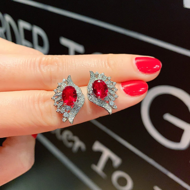 Ruby Gemstone Eye Shape Pink Crystal Flower Earrings
