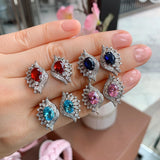Ruby Gemstone Eye Shape Pink Crystal Flower Earrings