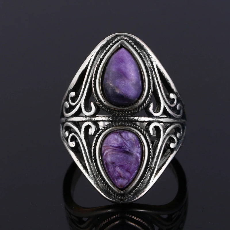 Natural Amethyst S925 Sterling Silver Ring Women's Jewelry Vintage Ring