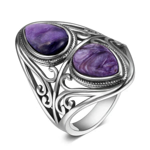 Charoite Beads Ring Women's S925 Sterling Silver Vintage Anniversary Party
