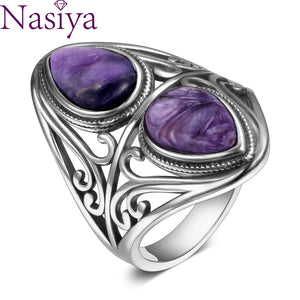 Charoite Beads Ring Women's S925 Sterling Silver Vintage Anniversary Party