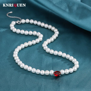 Oval Ruby Emerald Aquamarine Pearl Pendant Necklace for Women