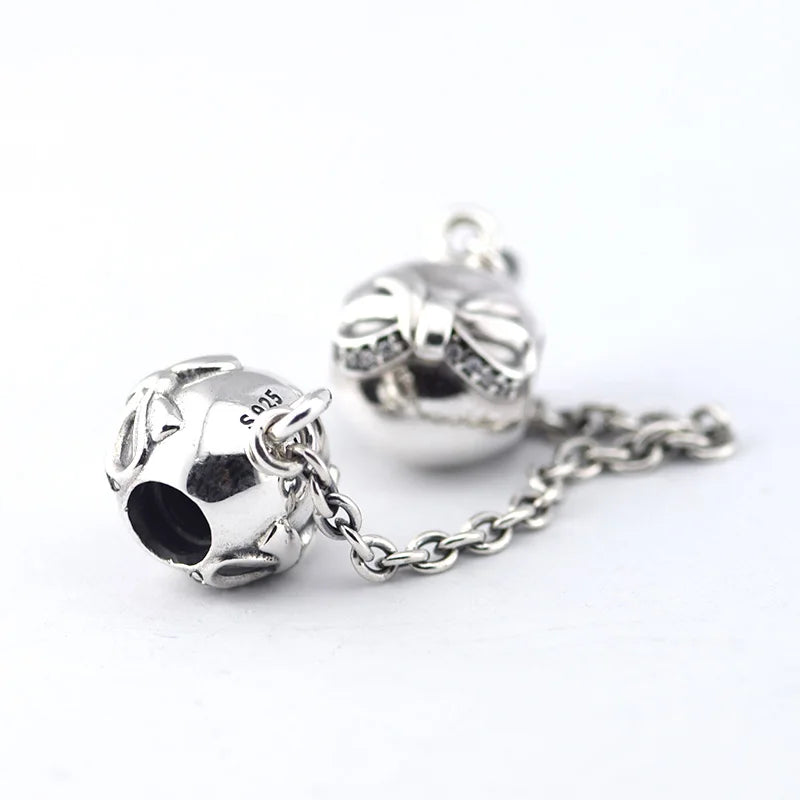 Big Bow Safety Chain Charm 925 Silver Bead for DIY Bracelets