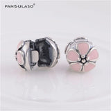 925 Silver Beads Pink Enamel Flower Clip Charm for DIY Bracelets