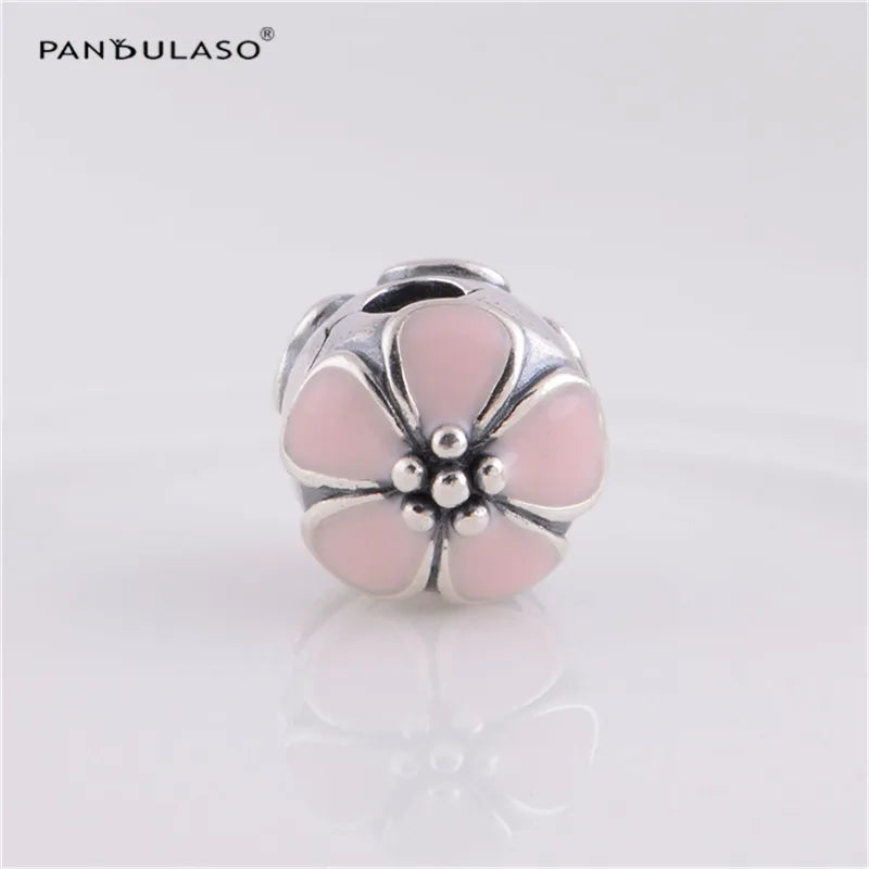 925 Silver Beads Pink Enamel Flower Clip Charm for DIY Bracelets