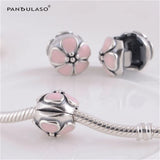925 Silver Beads Pink Enamel Flower Clip Charm for DIY Bracelets