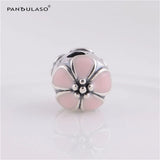 925 Silver Beads Pink Enamel Flower Clip Charm for DIY Bracelets