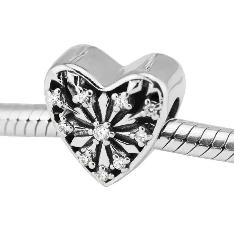 925 Silver Snowflake Heart Charm for Bracelets DIY Jewelry