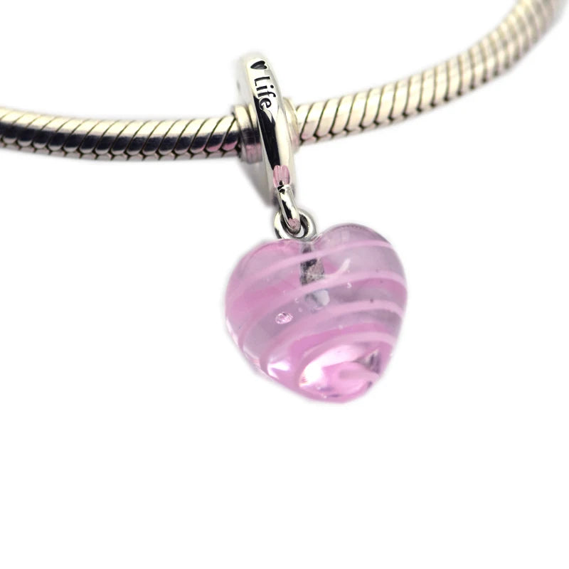 925 Silver Pink Ribbon Heart Dangle DIY Bracelets Jewelry
