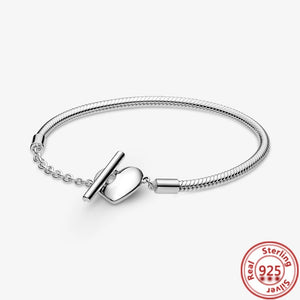 925 Silver Heart T-Bar Cuff Bracelet Sparkling Disc Clasp