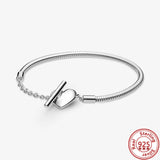 925 Silver Heart T-Bar Cuff Bracelet Sparkling Disc Clasp