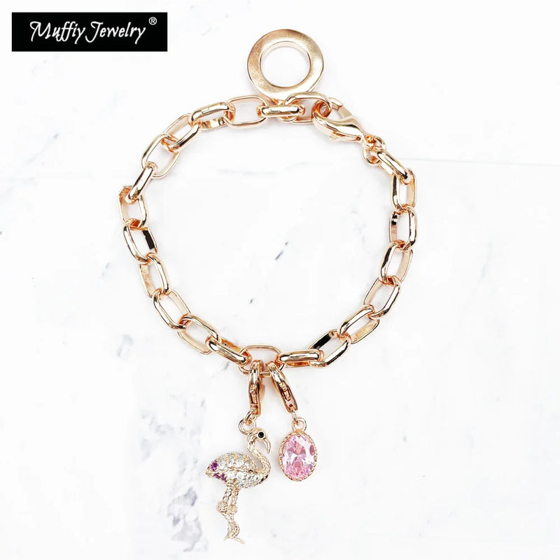 Flamingo Pink Crystal Rose Charms Bracelet in 925 Sterling Silver